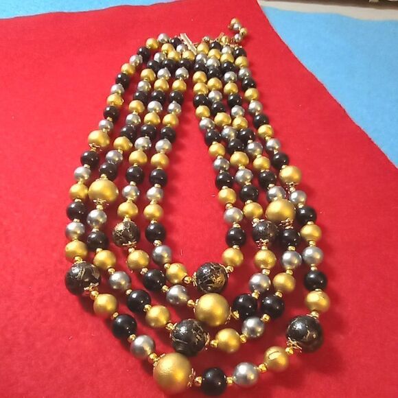 Vintage Japan Four Strand Black & Gold Beaded Necklace Granny Chic - Picture 6 of 6